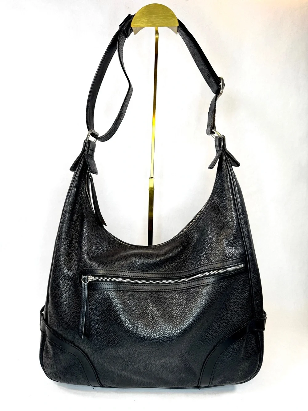 Longchamp Black Pebbled Leather Hobo Shoulder Bag Silver Hardware Large